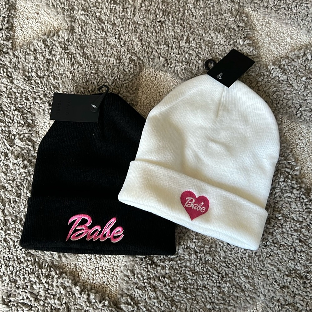 (2) DAVID + YOUNG ‘Babe’ Black and White Beanies
